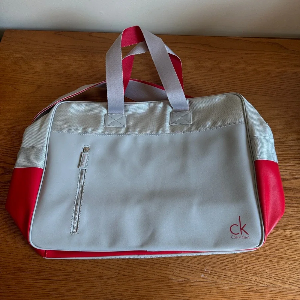 Calvin Klein CK Grey and Red Colorblock Duffel Travel Bag with Shoulder Strap